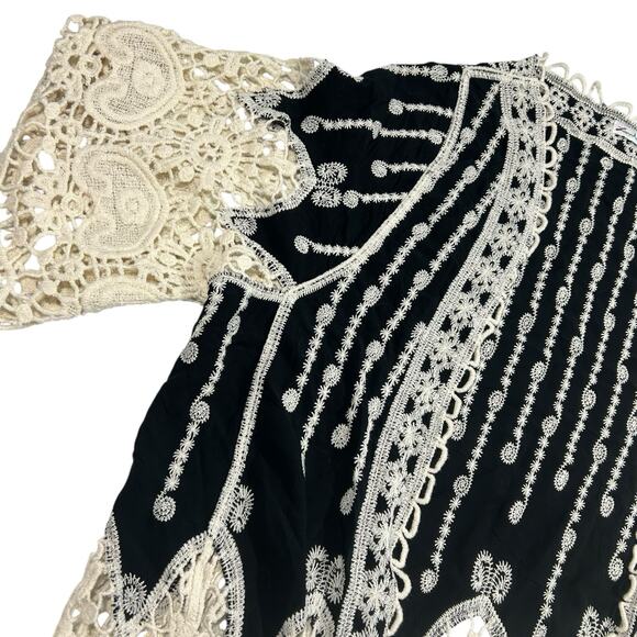 London Kaye Black Embroidered Open Front Kimono Cardigan Crochet Lace Duster - Picture 2 of 8